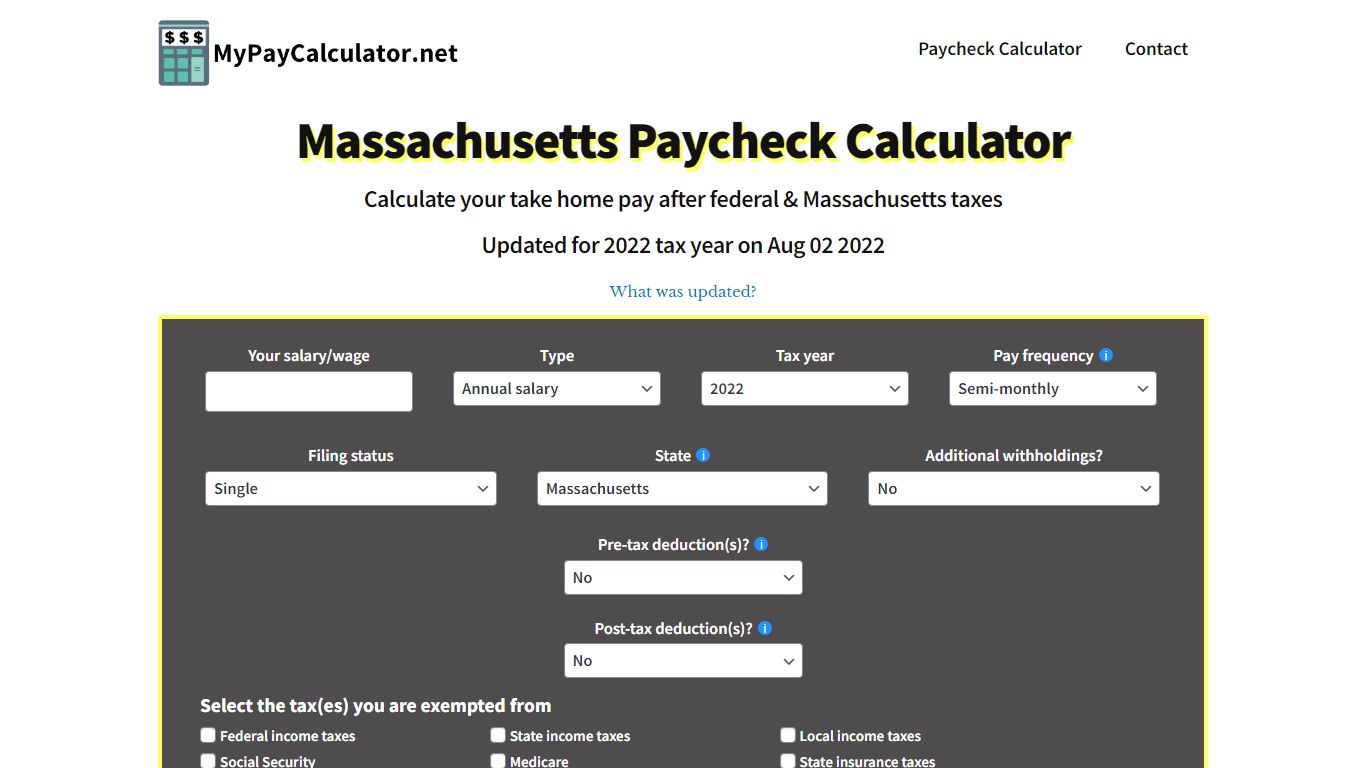 Massachusetts Paycheck Calculator | Tax year 2022 - MyPayCalculator.net