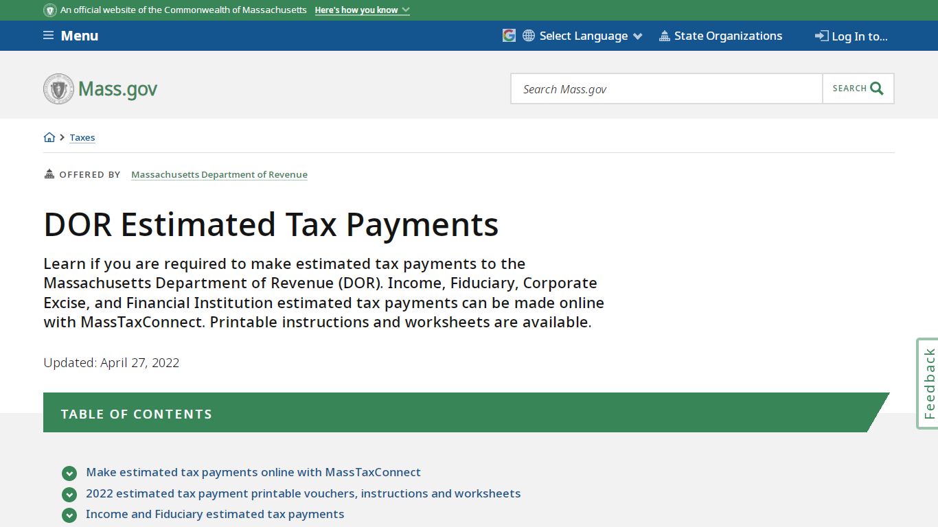 DOR Estimated Tax Payments | Mass.gov
